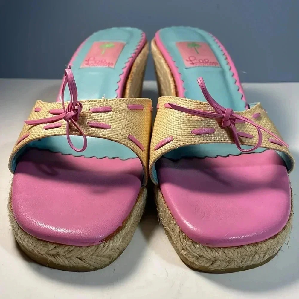 Lilly Pulitzer Pink & Blue Jute Wedge Espadrilles Size 10